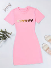 Heart Print Bodycon Dress Short Sleeve for Spring & Summer
