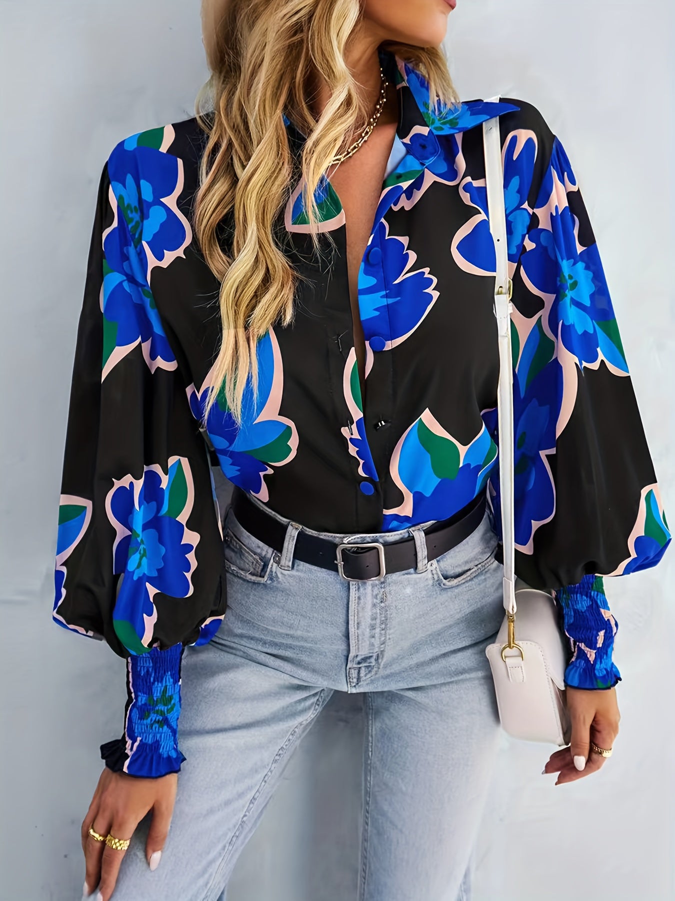 Floral Print Button Up Lantern Sleeve Blouse