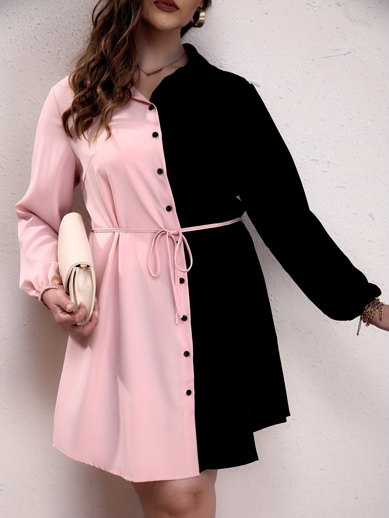 Colorblock Button Up Lantern Sleeve Casual Blouse