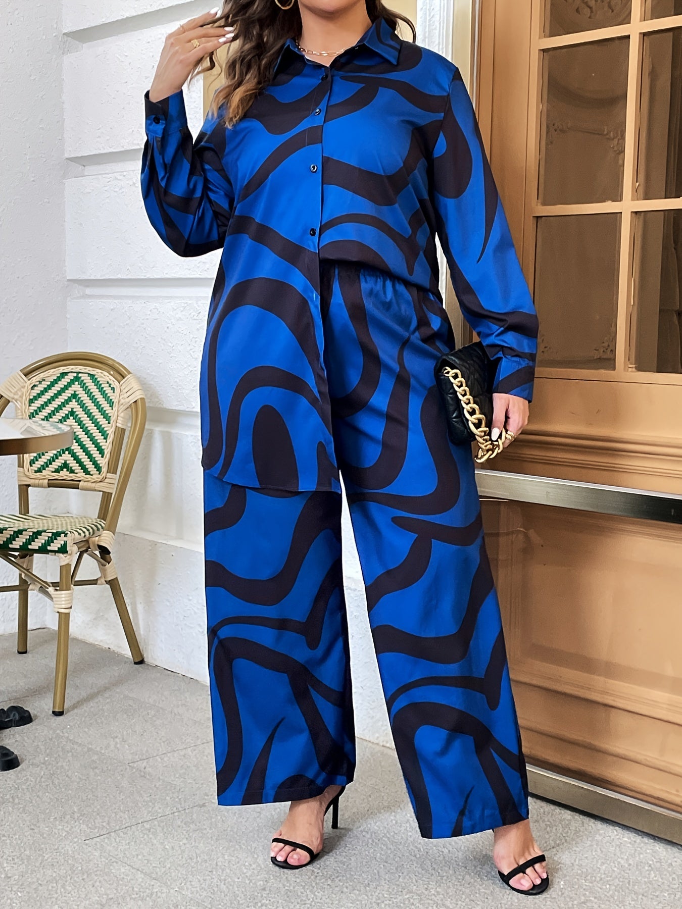 Abstract Stripe Print Shirt & Wide Leg Pant Set