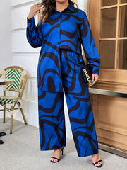 Abstract Stripe Print Shirt & Wide Leg Pant Set