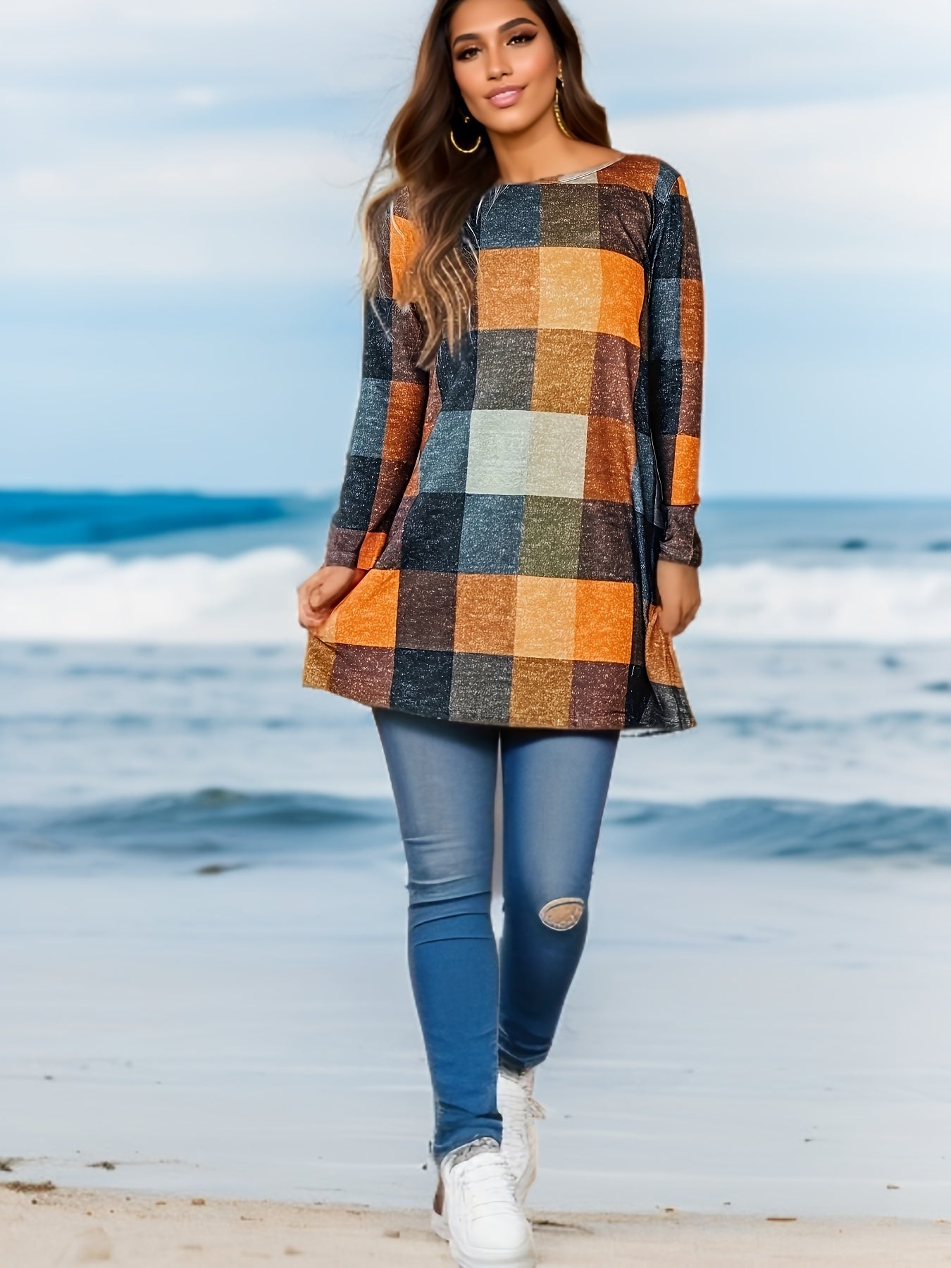 Colorblock Grid Print Long Sleeve Round Neck Dress