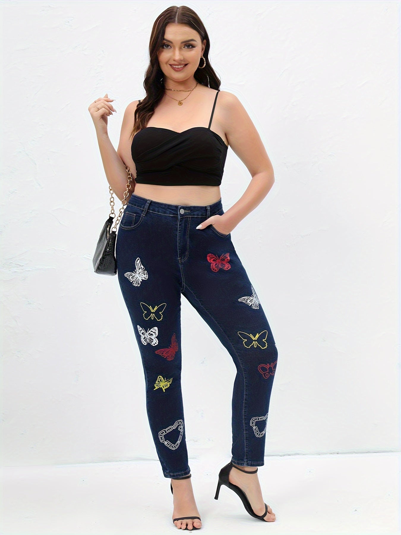 Butterfly Print High Rise Skinny Jeans