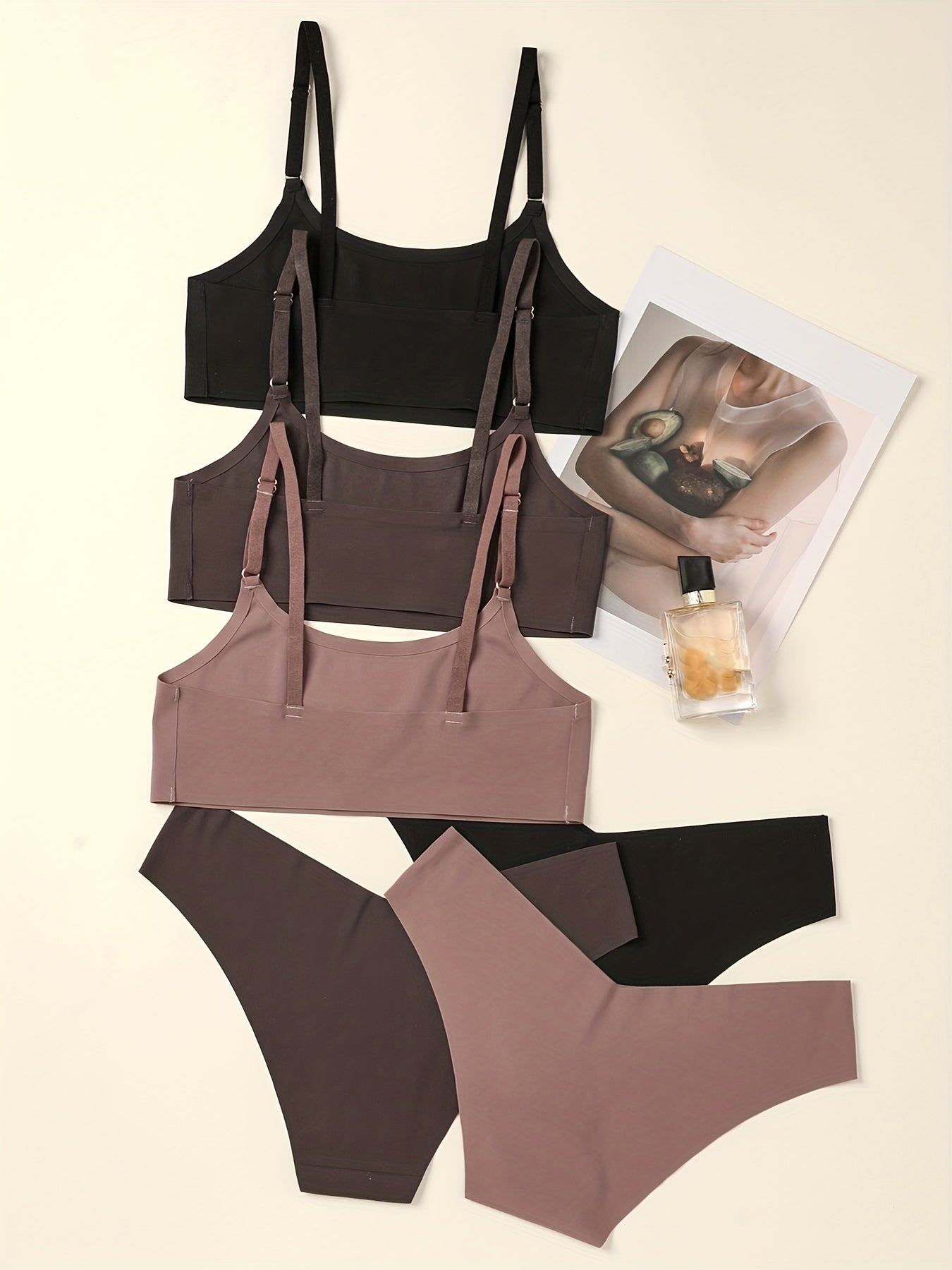 3pcs Solid Bra & Panties Set Full Coverage Seamless Lingerie Women's Underwear