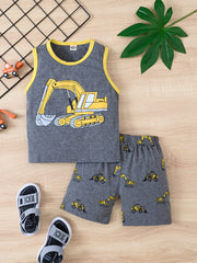 2pcs Excavator Print Tank Top & Shorts Set for Boys
