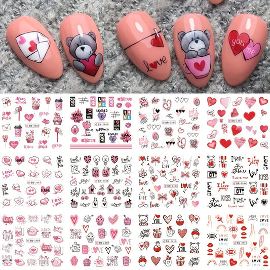 Valentine Nail Water Transfer Stickers Heart Love Letter Red Lip