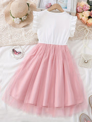 Girls Floral Print Ruffle Trim Mesh Overlay Dress