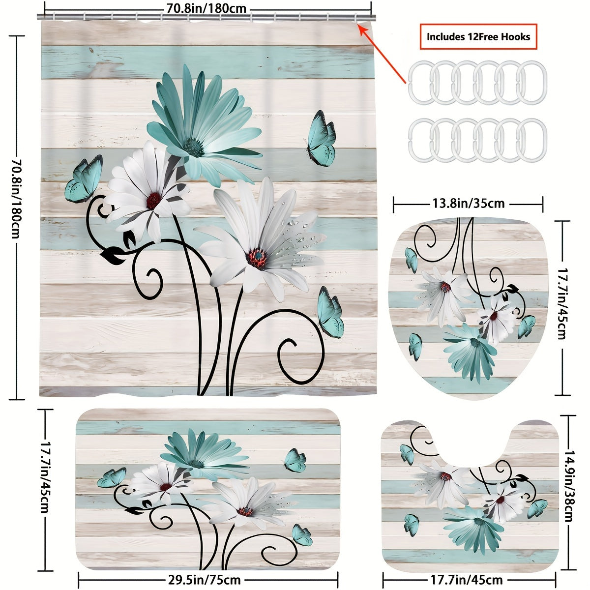 Flower Butterfly Shower Curtain Set with 12 Hooks