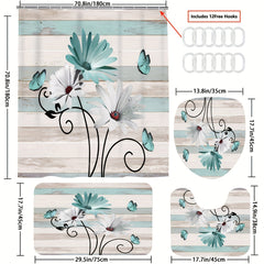 Flower Butterfly Shower Curtain Set with 12 Hooks