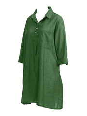 Solid Button Front Dress Casual 3 4 Sleeve Dress With Pockets Women's Clothing