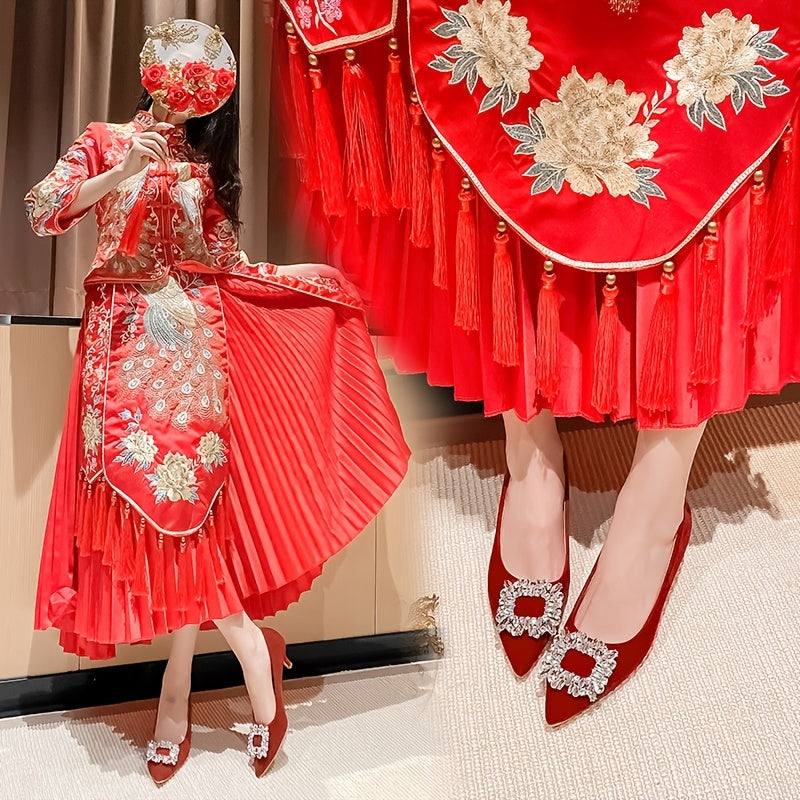Red Kitten Heel Pumps Pointed Toe Rhinestone Wedding Shoes