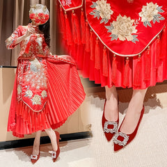 Red Kitten Heel Pumps Pointed Toe Rhinestone Wedding Shoes