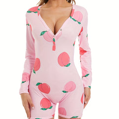 Peach Print Shorts Romper V-Neck Long Sleeve Pajamas