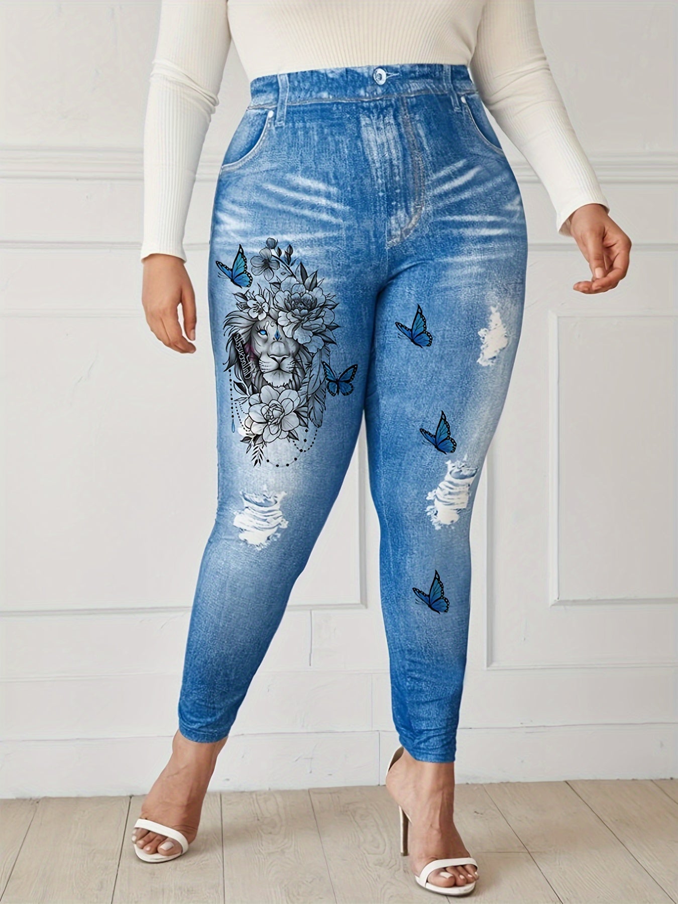 Women's Plus Denim & Floral Lion & Butterfly Print High Stretch Leggings