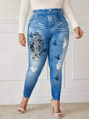 Women's Plus Denim & Floral Lion & Butterfly Print High Stretch Leggings