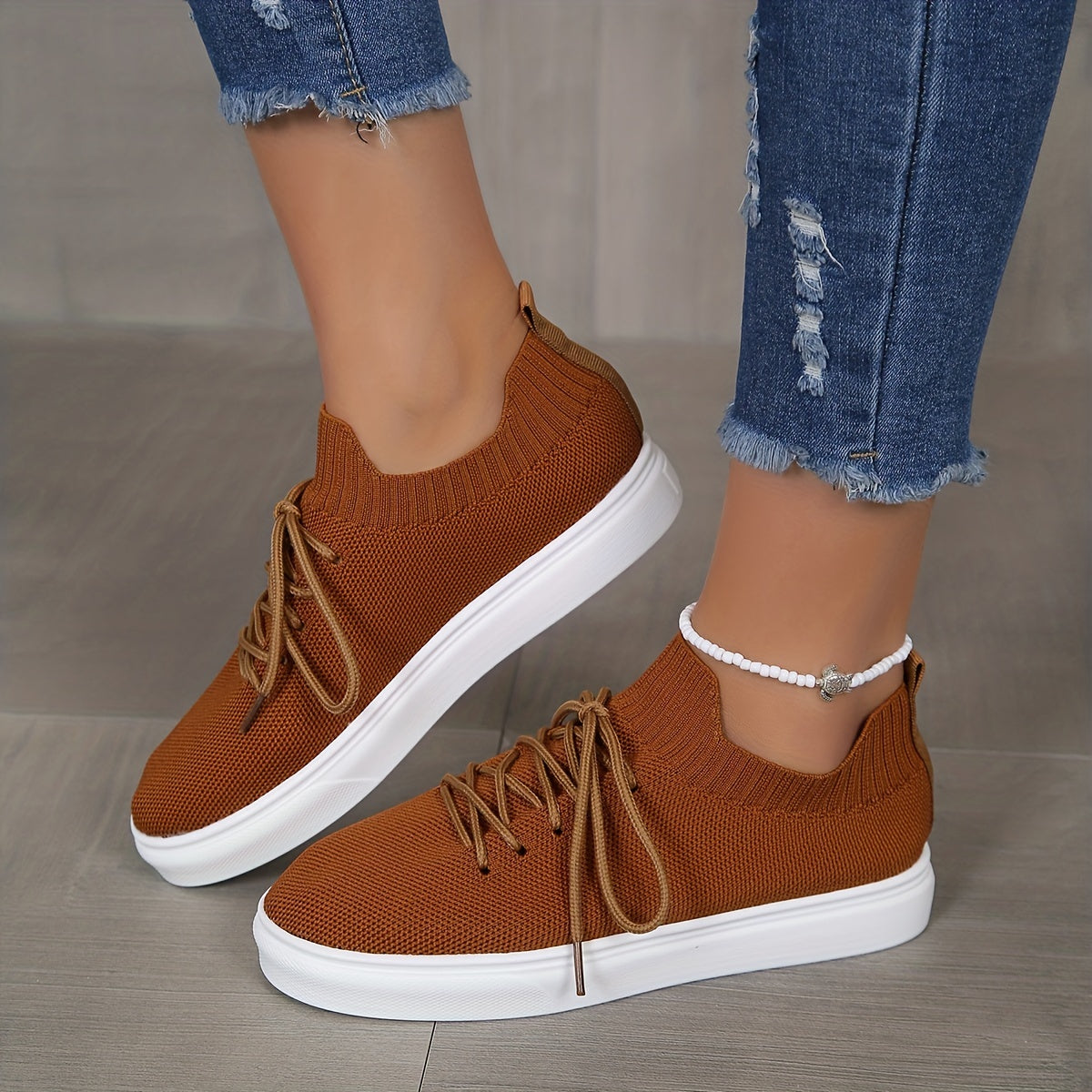 Women's Breathable Knit Sneakers Lightweight Low Top Lace Up Shoes