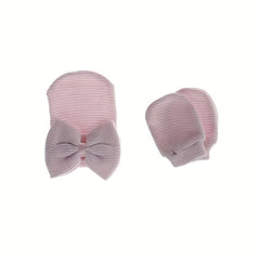 Big Bow Soft Gloves & Hat Set With Baby Pullover Hat