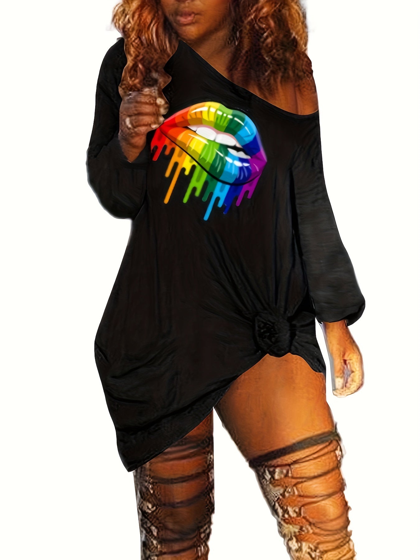 Sexy Rainbow Lip Print One Shoulder Tee