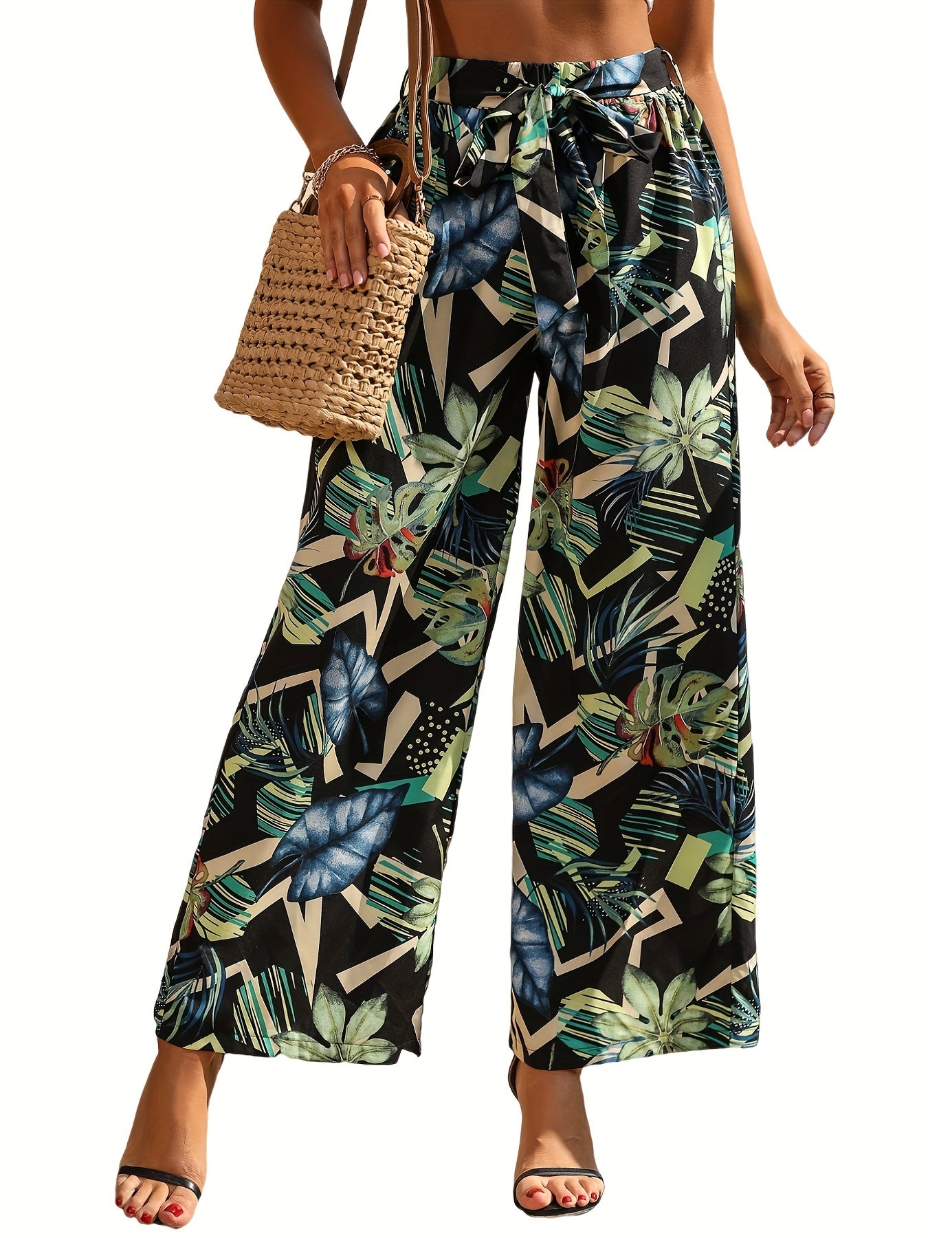 Boho Allover Print Wide Leg Pants with Tie Waist