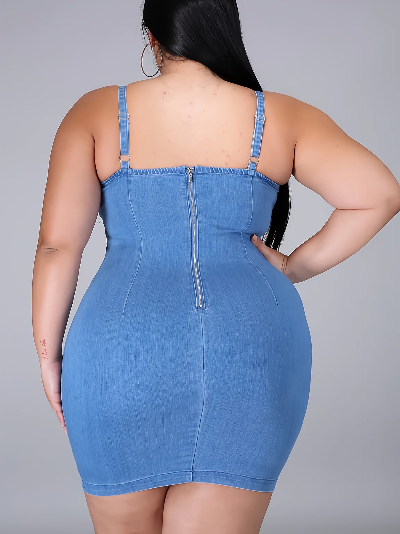Sexy Plus Denim Dress Solid Scoop Neck Bodycon Mini