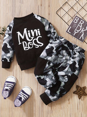 Boys Camo Print Sweatshirt & Sweatpants Set, Spring Autumn Outfit