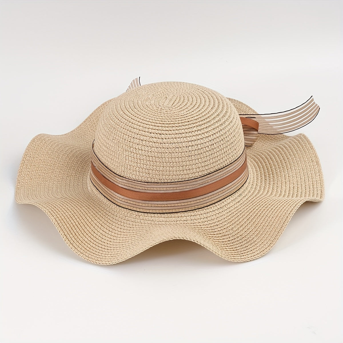 Striped Ribbon Bowknot Sun Hat Ruffles Wide Brim Straw Bucket Hats