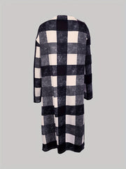 Plaid Print Pocket Open Front Coat Long Sleeve Outerwear