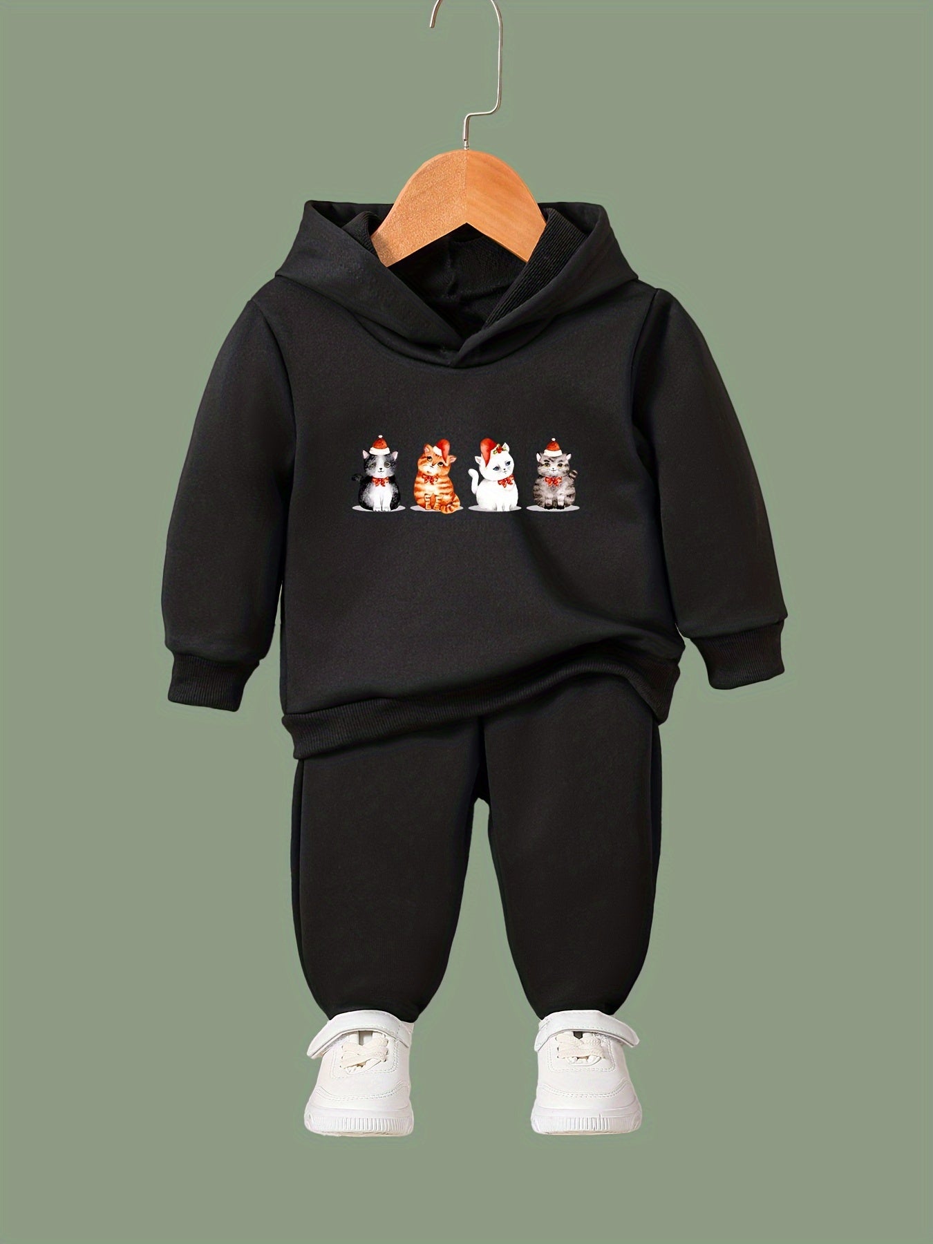 Girls Cartoon Cats Hooded Sweatshirt & Sweatpants Set Kids Clothes