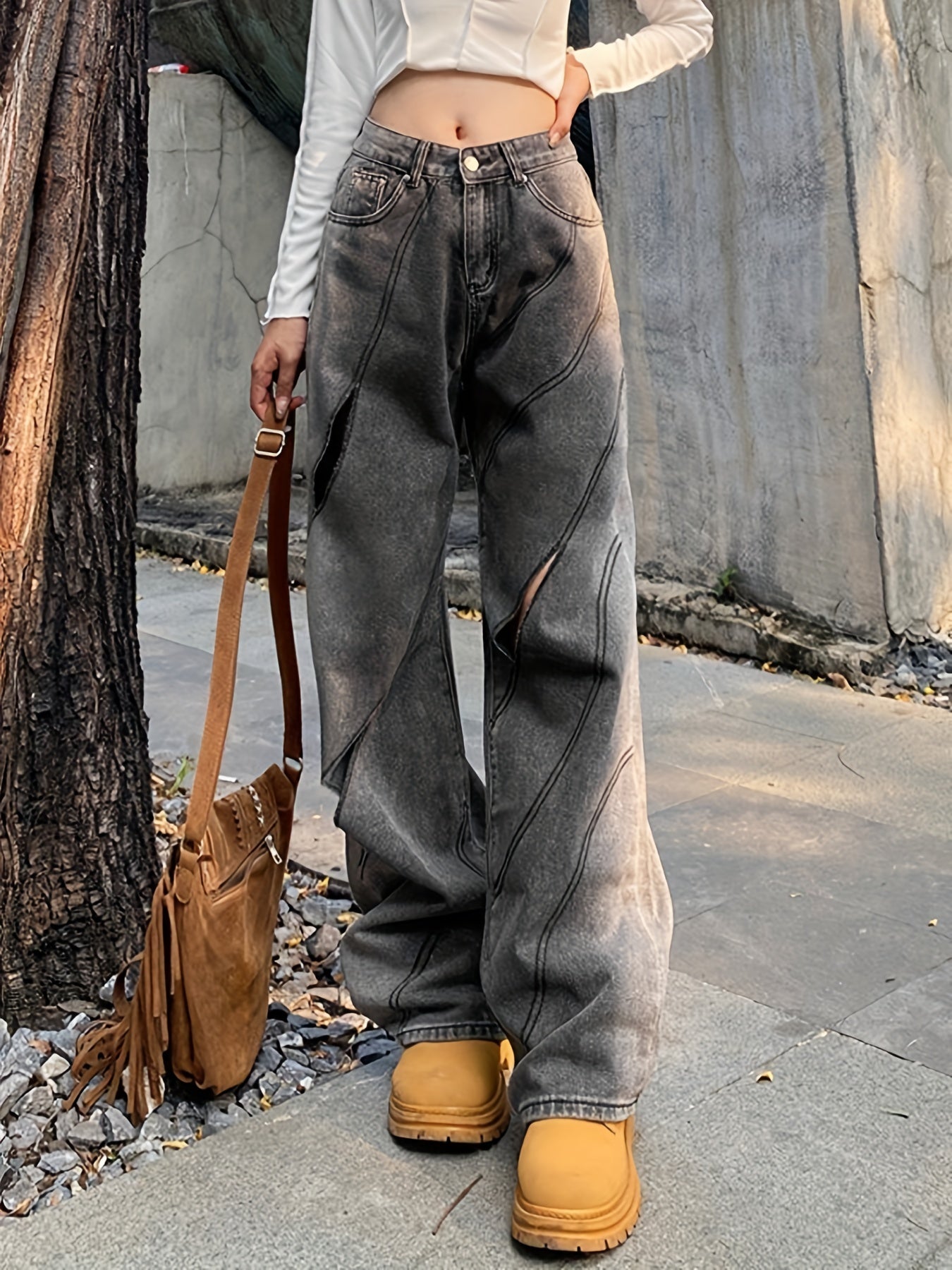 Cut Out Stitching Detail Wide Leg Jeans Dark Grey