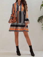 Polka Dot & Stripe Print Dress V Neck Long Sleeve Women's Clothing
