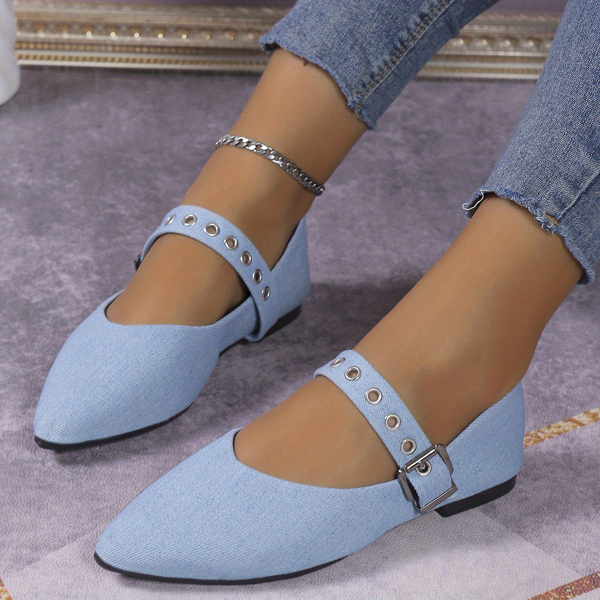 Women's Denim Buckle Flat Shoes Pointed Toe Slip On Casual Solid