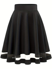 Mesh Splicing Skater Skirts High Waist A Line Solid Skirts
