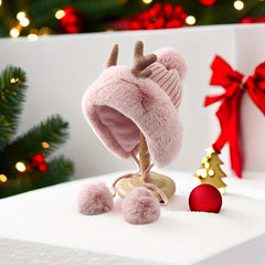 Plush Reindeer Antlers Winter Hat Fleece Lined Thickened Knitted Hat