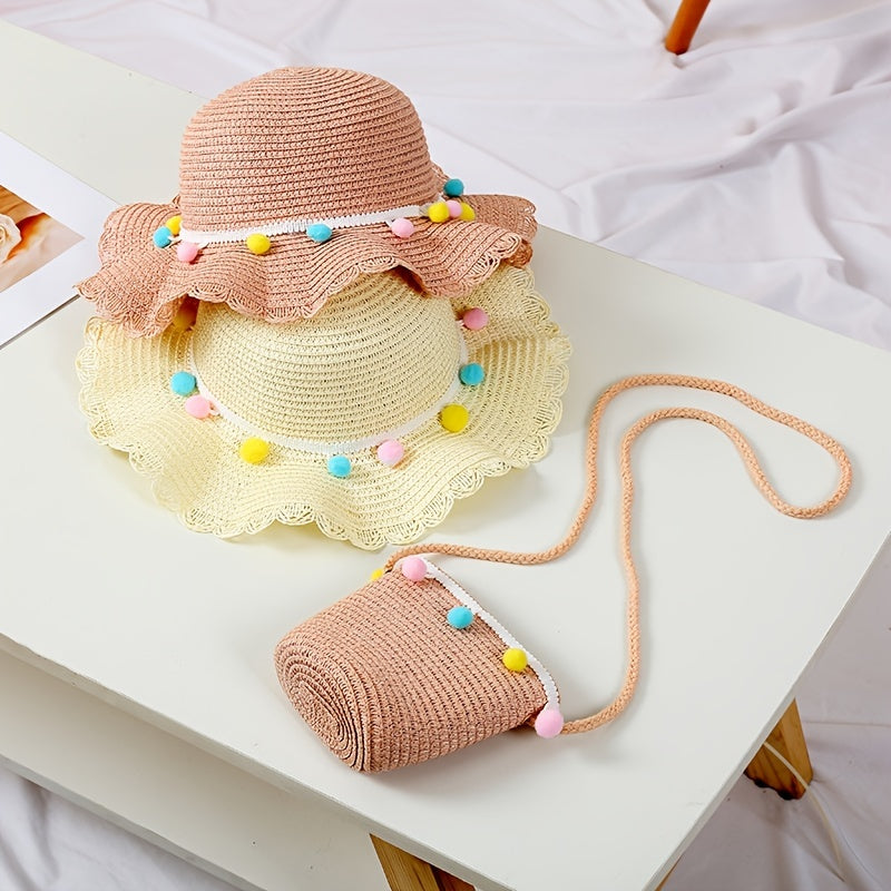 Girls Colorful Pompom Ball Straw Hat Wide Brim Sun Hat Beach Cap