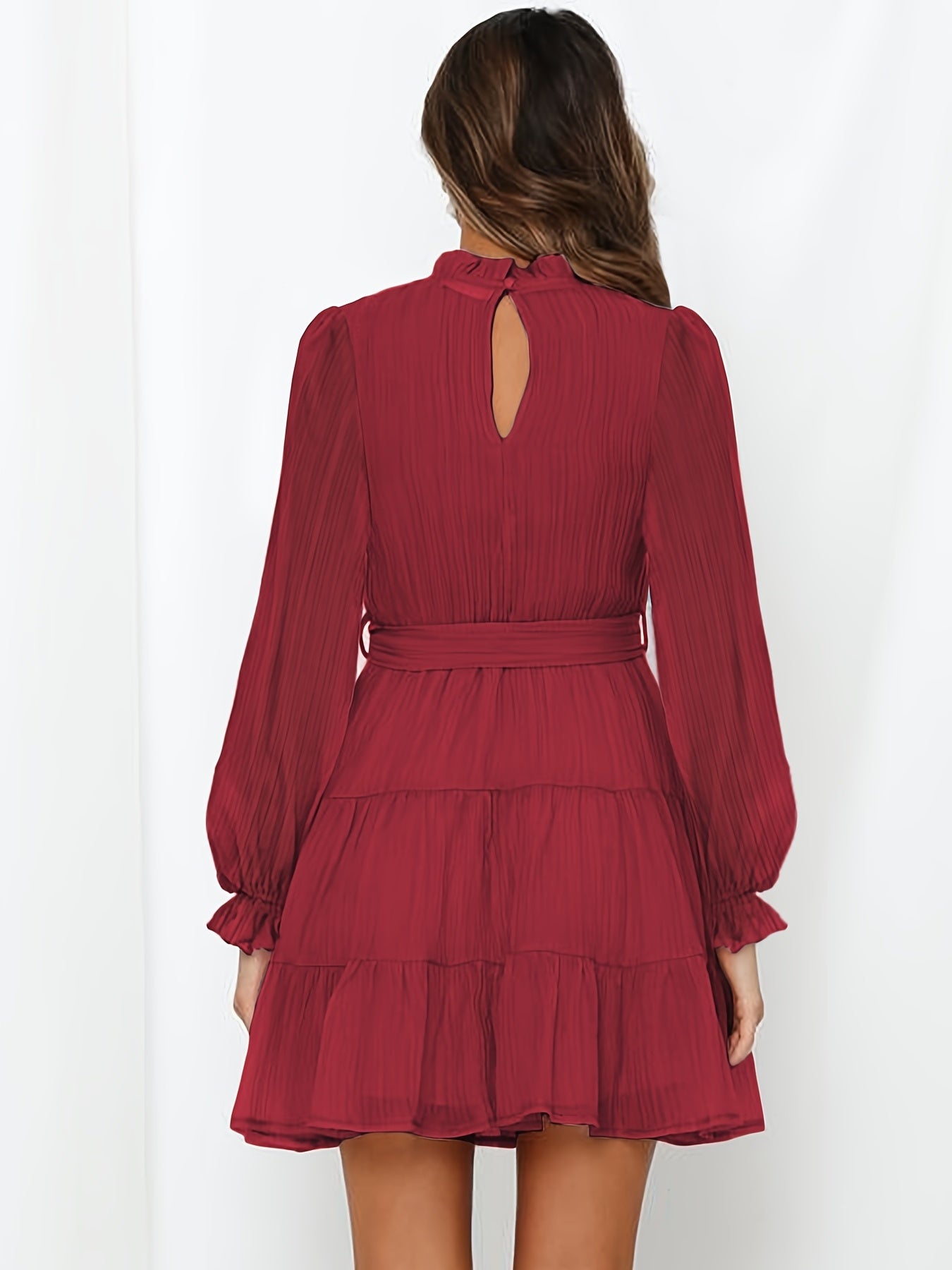 Ruffle Neck Belted Dress Long Sleeve Solid