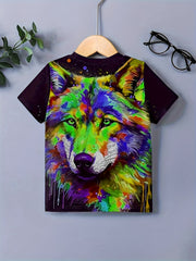Wolf Colorful Painting Print T shirt Kids Boys Casual Summer Clothing