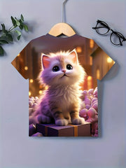 Cat Graphic Short Sleeve T-Shirt for Girls Summer Sports Gift