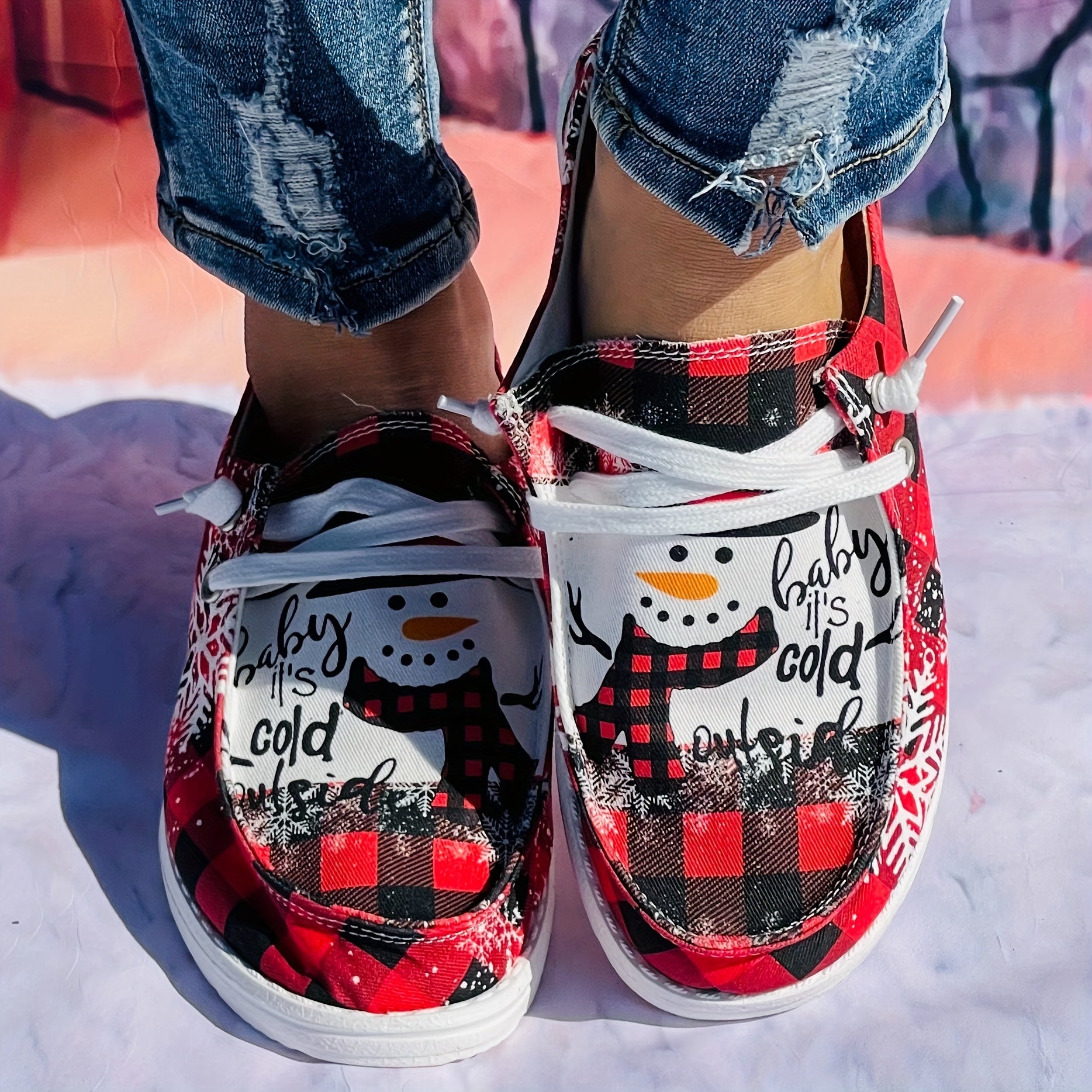 Women's Christmas Snowman & Red Checkered Print Skateboard Shoes