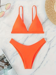 Solid Triangle Spaghetti Straps 2 Piece Set Bikini Swimsuit