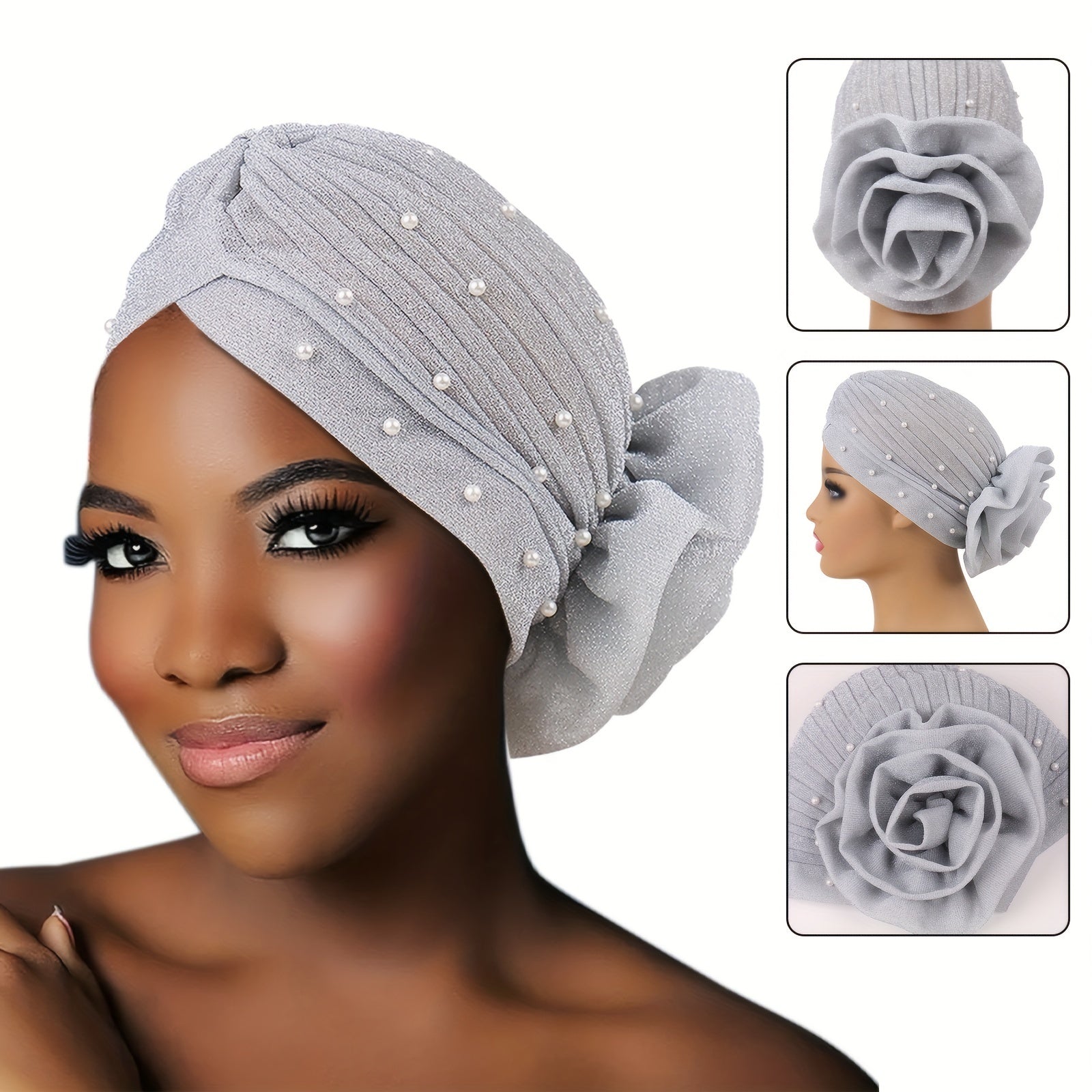 Gray Glitter Plate Flower Turban Cap Pleated Head Wrap