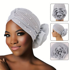 Gray Glitter Plate Flower Turban Cap Pleated Head Wrap