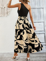 One Shoulder Crop Top & Print Skirt Set Geometric Design