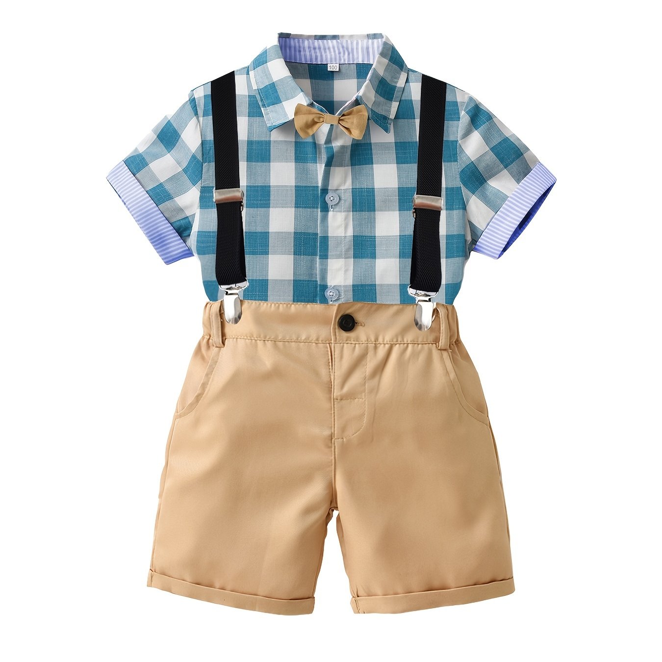 Boys Plaid Shirt & Shorts Set with Bow Tie Preppy Style