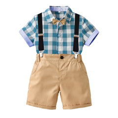 Boys Plaid Shirt & Shorts Set with Bow Tie Preppy Style