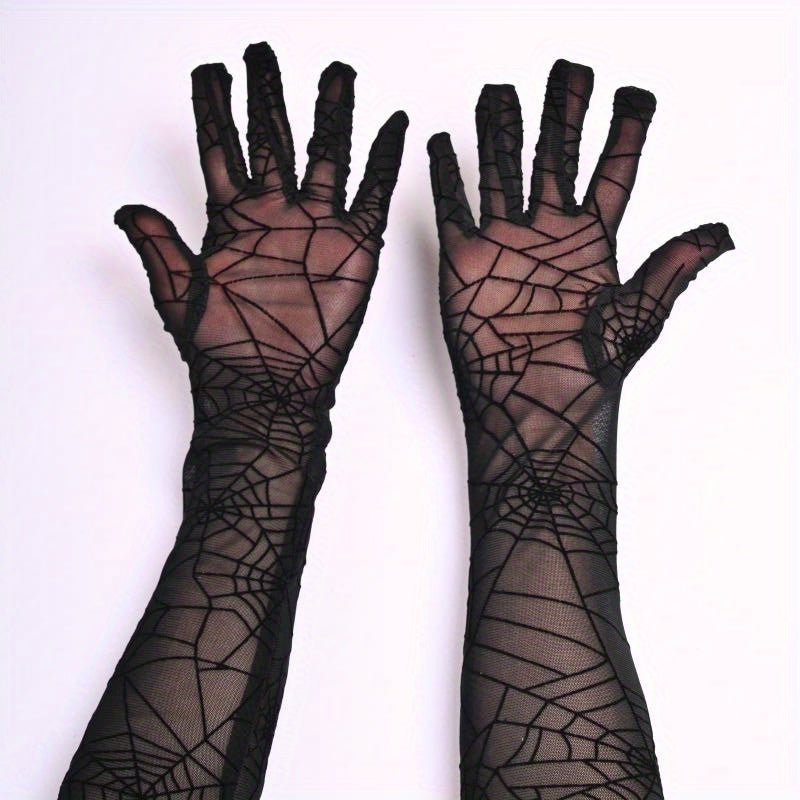 2pcs Halloween Cosplay Lace Up Long Gloves High Sheer Mesh Stretchy Polyester