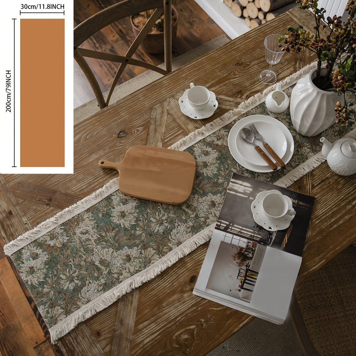 Polyester Table Runner Green Painting Table Flag American Tassel Party Decoratio