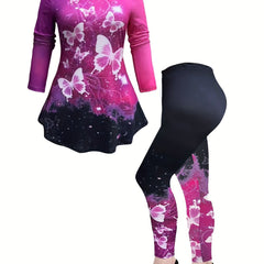 Ombre & Butterfly Print Long Sleeve Top & Leggings Set
