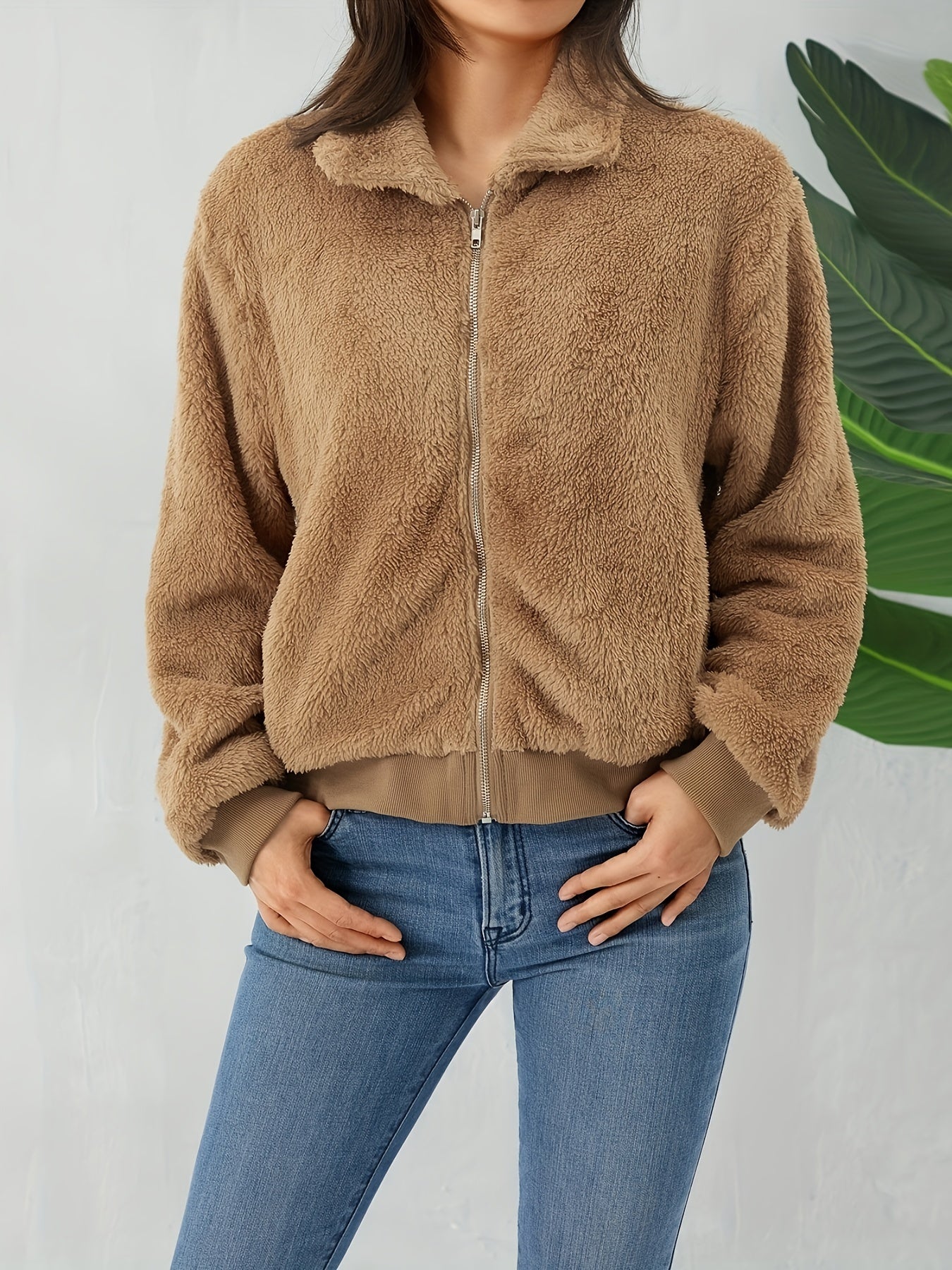 Zip Up Teddy Jacket Solid Casual Long Sleeve Collared Outerwear