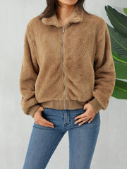 Zip Up Teddy Jacket Solid Casual Long Sleeve Collared Outerwear