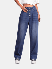 Button Fly Whiskering Straight Leg Jeans High Waist Casual Denim Pants